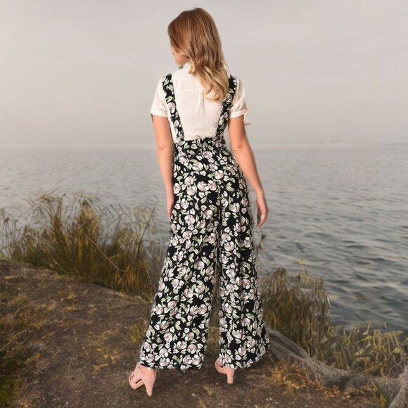 Unique Vintage Floral Wide Leg Jumpsuit Suspender Overalls Boho Pockets Small - Picture 3 of 13